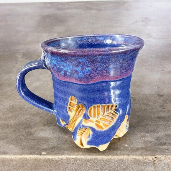 Hand Made Abstract Coffee Mug Cup Cobalt Blue Pottery Mug Artist Signed Bottom - Picture 2 of 16